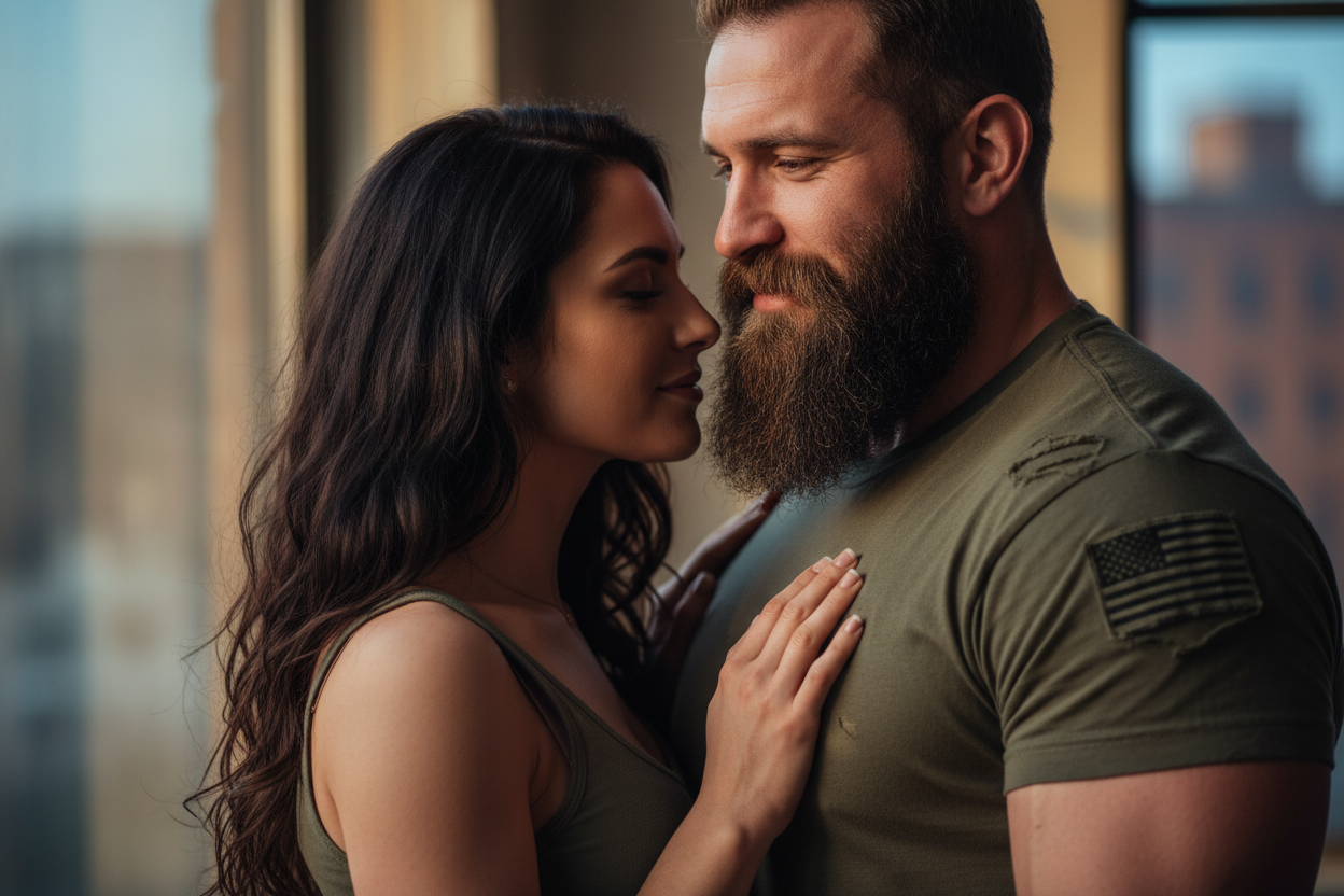 Woman smelling bearded military man